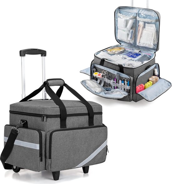 Medische tas met wieltjes met afneembare trolley, tas voor verpleegkundigen met afneembare scheidingswanden, lege noodtas voor artsen, EMS-professionals, grijs