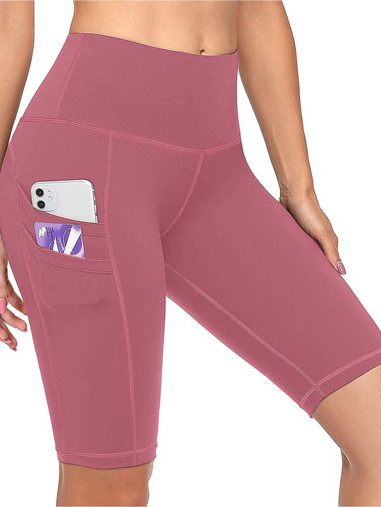 MEETYOO Dames Fitness short - Fitness legging - Sportshort - Sportlegging - Sportkleding - Yogashort - Yogalegging- met zakken-Roze-S van MEETYOO