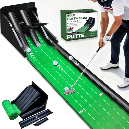 MELVRA Golf Putting Green - Golfmat voor Binnen - 250 x 35 cm - Met Balterugkeerfunctie - 4 Gaten - Golf Training voor Thuis & Kantoor - Cadeau voor Mannen - Groen van Merkloos