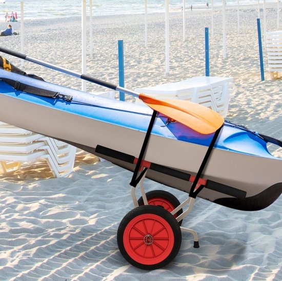 MEUNIQ Kajakwagen aluminium 79 x 72,5 x 42 cm verstelbare 2-wiel trolley met spanriemen en standaard, draagvermogen 100 kg, voor kajak kano en boot, rood en zwart