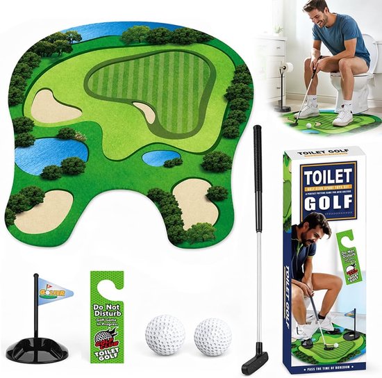 Mini-potje golfset - toiletgolf met putmat - 2 golfballen en vlaggenstok - leuk toiletspel voor tijdens het wachten - ShopVlot