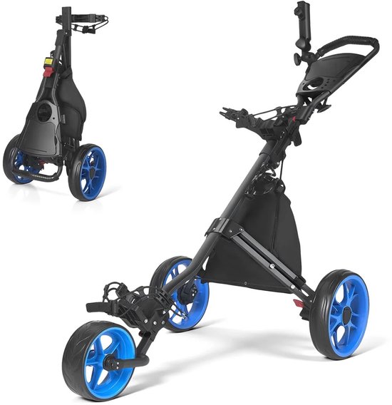 Miryx Golftrolley - Golfwagen - Golfcaddy - 3-wielige - In Hoogte Verstelbare - Opbergtas - Voetrem - Parapluhouder - Zwart/Blauw van Merkloos