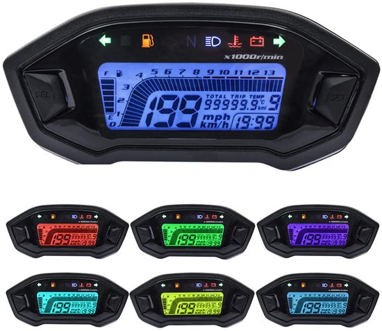 Motorfiets, toerenteller, 13000 RPM, motormeter, LED-achtergrondverlichting, digitale kilometerteller voor 2-4 cilinders, universeel met snelheidssensor