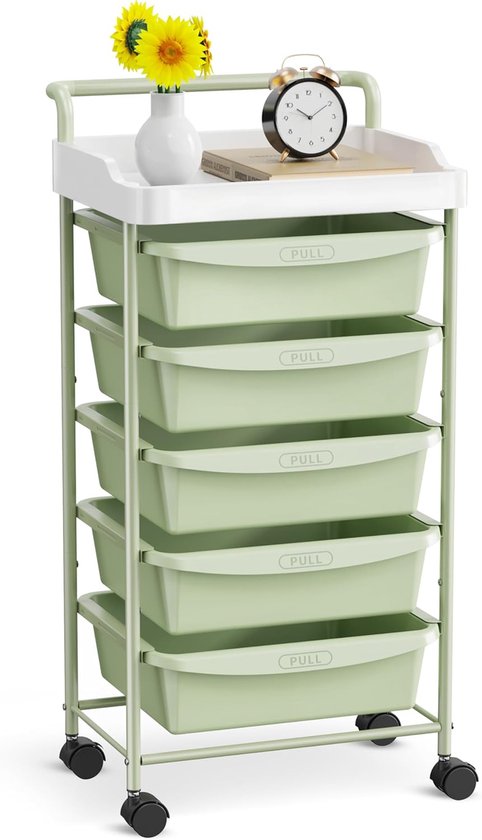 Multifunctionele Trolley met 5 Laden en Tafelblad – Met Afsluitbare Wielen, Groen van Bakaji