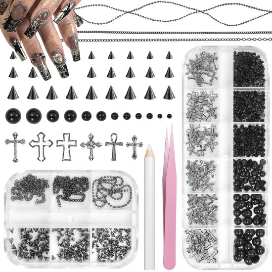 Nagelhangers, Punk Nagelhangers, Nagelkunst Spikes Metalen Studs, Platte Parels, Sierstenen, Parels voor Nagel DIY-Knutseltaccessoires, Zwart