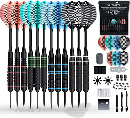 Navy Strikes Dartpijlen Set 26 Gram - Set van 12 Pijlen - 4 Soorten Grip - Flights Darts en Dart Shafts - Darten - 108 Delige Set - Incl Add-a-Gram 27 Gram van Navy Strikes