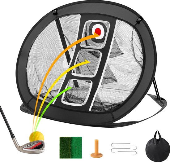 Novendo Goods - Golf chipping net pop-up oefennet - 85 × 73 cm - Draagbaar golf trainingsnet met 3 doelen - Inclusief tees, foam ballen en draagtas - Voor swing en chip training thuis en in de tuin