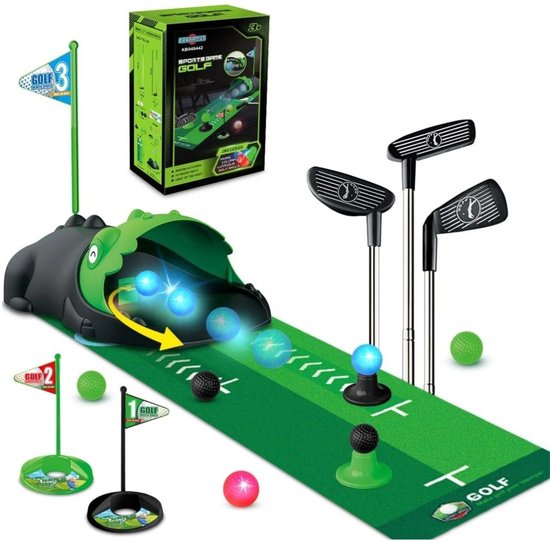 Novendo Goods – Kinder golfset met automatische LED ballenreturn - Mini golf speelgoed met glow-in-the-dark ballen & clubs - 16-Delige peuter golfset voor binnen & buiten van Merkloos