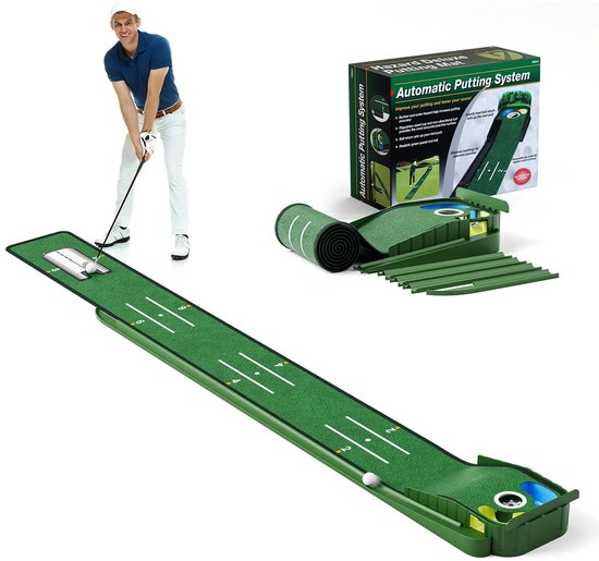 Novendo Goods - Putting mat – Indoor golf mat met automatische balretour - Uitlijningsgeleider en antislip onderzijde – Putting training voor thuis of op kantoor van Novendo Goods