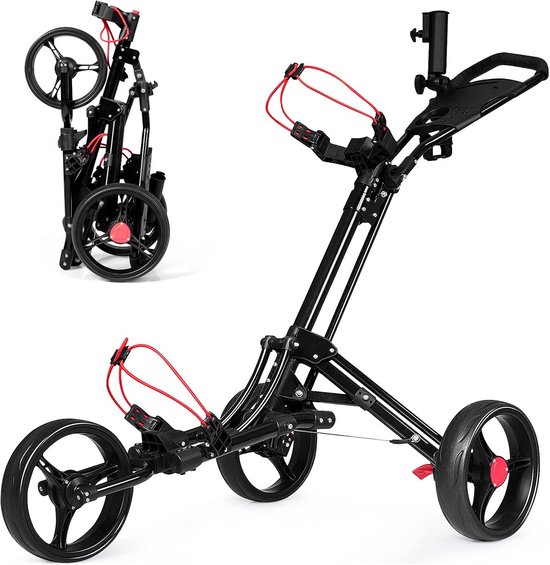 Opvouwbare 3-wielige Golftrolley van Aluminium - Duw- en Trekwagen met Afsluitbaar Wiel