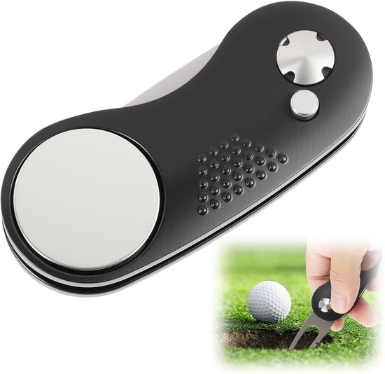 Opvouwbare Pitchfork voor Golf met Ball Marker en RVS Aluminium Hoedclip - Ideaal voor het Repareren van Pitchmarks op de Green, Handig Golfaccessoire voor Spelers