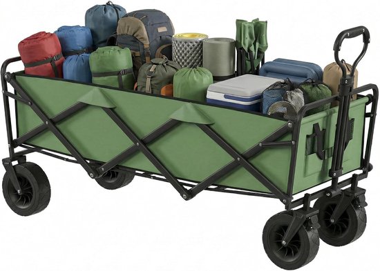 Opvouwbare transportwagen, 130 l, belasting 250 kg, tuinwagen voor alle terreinen, met verstelbare handgreep en draagtas voor strand, camping, tuin, groen