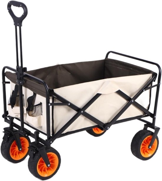 Opvouwbare tuinwagen op wielen, stalen frame, 20 cm wielen, draagbare festivalwagen, 78 x 50 x 20 cm (beige) - ideaal voor buitenevenementen en tuinieren