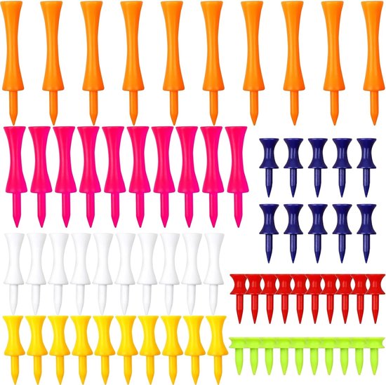 Pack van 70 Duurzame Golf T-Shirts - Plastic - 7 Kleuren - 7 Maten (25mm, 31mm, 37mm, 43mm, 51mm, 57mm, 70mm) van Merkloos