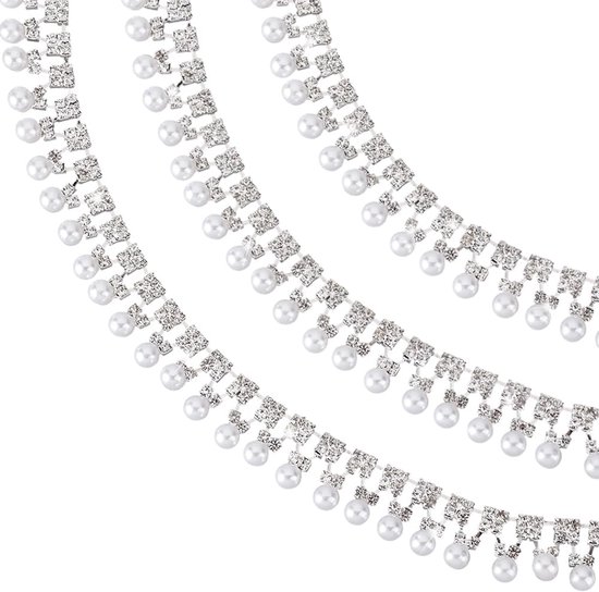 PandaHall 1 Yard Sliver Strass Kwastje Trim ingelegde parel kralen ketting franje trim glanzend kristal sprankelend lint voor naaien ambachten sieraden maken bruiloft decoratie, 21 mm breed van pandahall