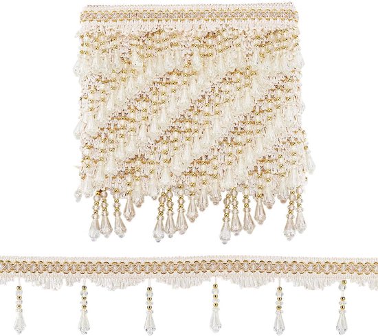 PandaHall 10 Yards Kralen Fringe Trim, 3-3/4 "Naaien Trim Fringe Opknoping Kwastje Trim Gouden Kristal Kralen Trim Kant Lint voor Gordijn Tafelkleed Home Decor Jurk Kleding DIY Crafting