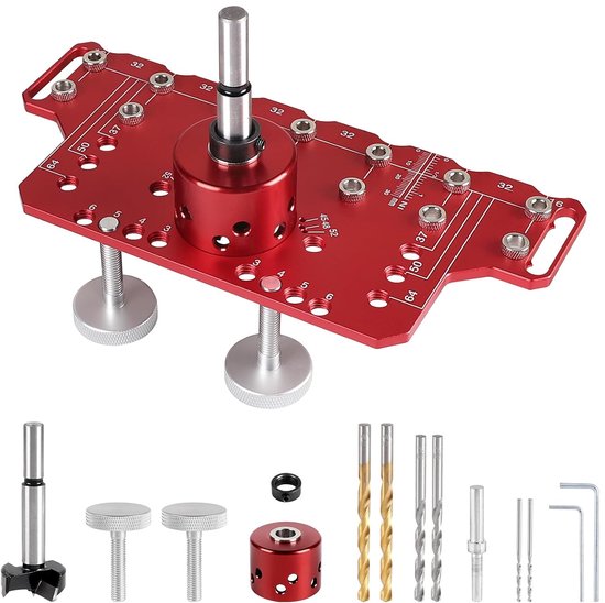 Pin Jig Rood Shelf Pin Jig en Cabinet Hinge Jig 2 in 1 Plank Pin Jig en 35mm Scharnier Jig Aluminium Rij Gaten Boormal met 5mm en 1/4 Inch Boorkoppen (Korte)