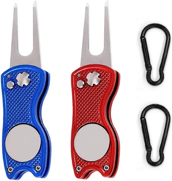 Pitchvork golf switchblade - Roestvrij staal multifunctioneel gereedschap - 2PC inklapbare pitch-vork - Karabijnhaak - Divot reparatie golfaccessoires