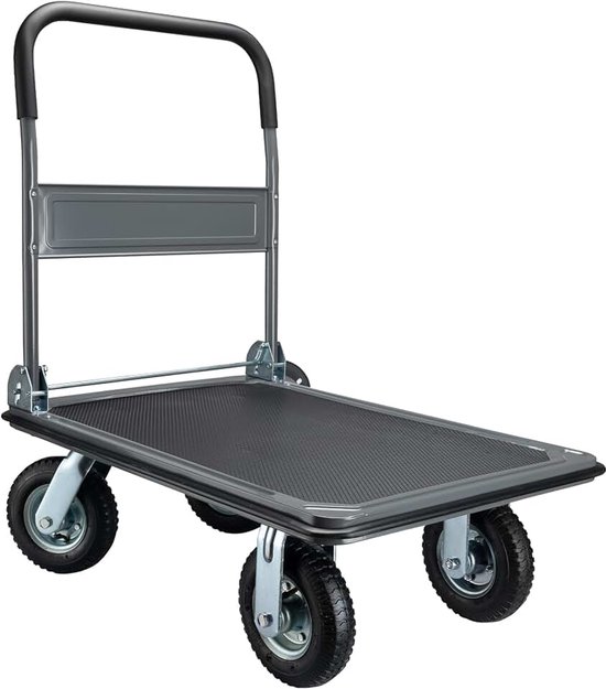 Platformwagen tot 300 kg plateauwagen met robuuste luchtbanden en inklapbare handgreep, flexibele magazijnwagen 89x61x98 cm met zijbescherming en antislip