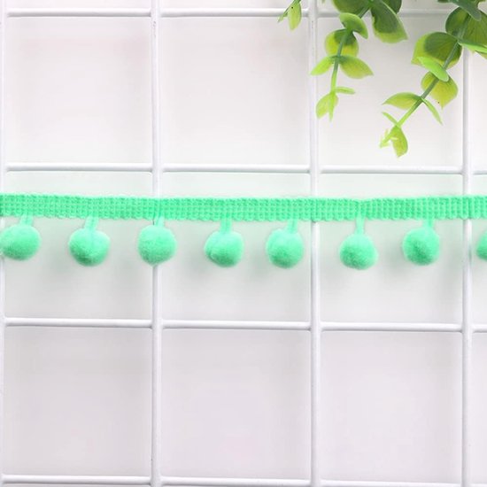 Pomponsrand om te knutselen, decoratieband met pompons, ballen, pompons, franjes, sierband, decoratieve boord, naai-accessoires voor doe-het-zelf knutselen, kleding, kostuums, naaien, decoratie, groen