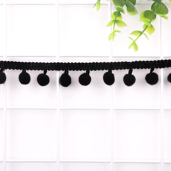 Pomponsrand om te knutselen, decoratieband met pompons, ballen, pompons, franjes, sierband, decoratieve boord, naai-accessoires voor doe-het-zelf knutselen, kleding, kostuums, naaien, decoratie, zwart