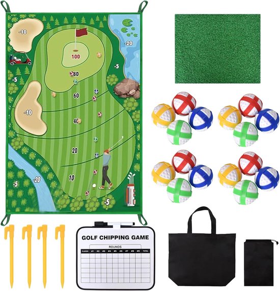 Portable Indoor en Outdoor Golf Training Set met Chip Golf Play Mat - Impact Mats en Golf Training Tools voor Thuis Oefening in de Achtertuin - Inclusief 16 Golfballen