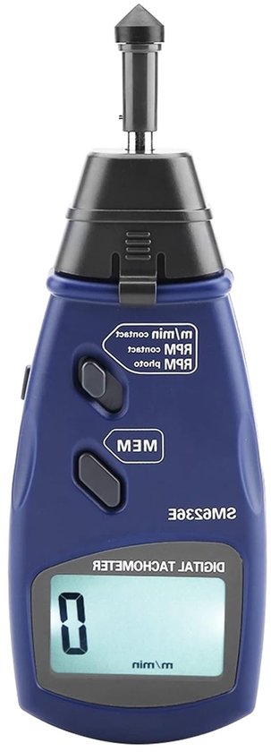 Professionele contactloze digitale tachometer met laser, nauwkeurigheid van 2.5 tot 99.999 rpm, 5 cijfers en 18 mm LCD-display voor nauwkeurige rotatiemeting en motoranalyse.
