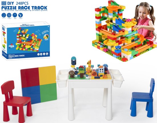 【Profi Promo】Bouwtafelset inc. 248 bouwblokken voor LEGO & DUPLO - Multifunctioneel Kinderbouwtafel met 2 stoelen + 4 Opbergbakken - Constructietafel, Kinderwerktafel, Speeltafel, Zandbak, Watertafel - Kindertafel en stoelen - Klassieke Mondriaan van Profi Promo