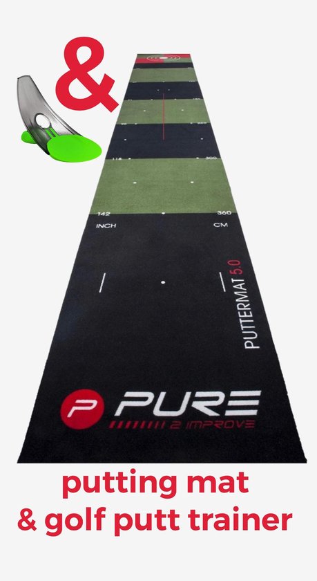 Pure2Improve Putting mat golf 300 x 65 cm putmat. Inclusief golf putt trainer. Deze premium oefenmat simuleert uw rolsnelheden. - Verjaardag - Kado - golfen - relatiegeschenk - Vaderdag Cadeautjes Kados van Pure2Improve