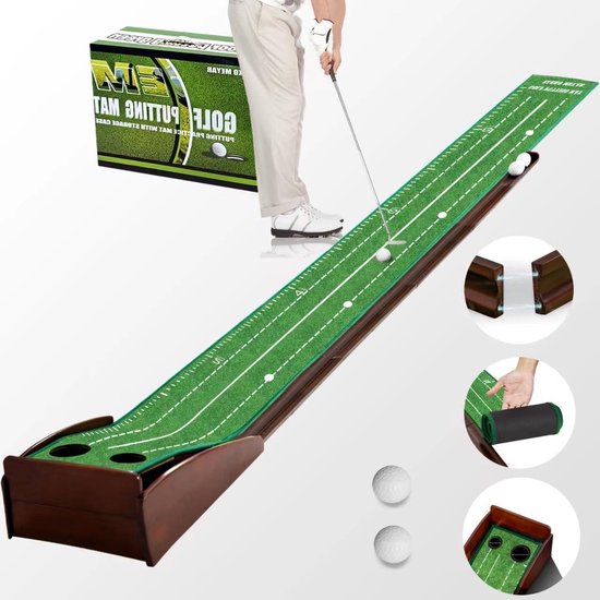 Putting Green - Golf Mat - Indoor Golf Oefenen - Automatische Bal Return - 44 x 18 cm - Walnoot