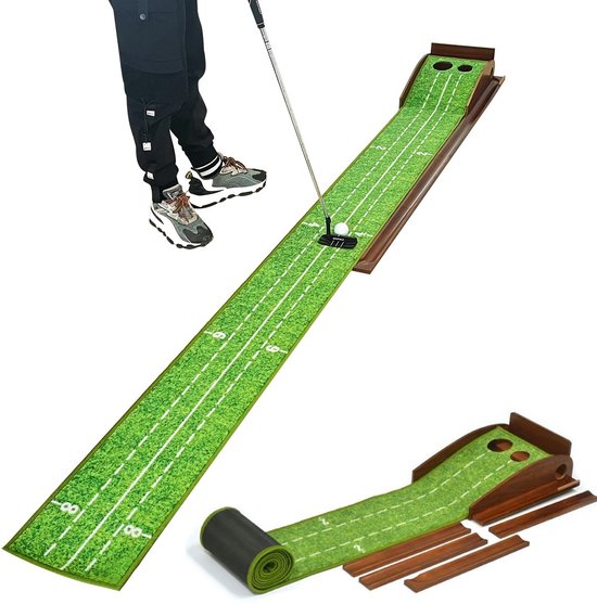 Putting green voor binnen, extra groot en breed, golfputtingmat voor binnen, putting green met balterugvoer, verdikt, kreukvrij memory foam, trainingshulpmiddel voor thuis of op kantoor, ideaal cadeau