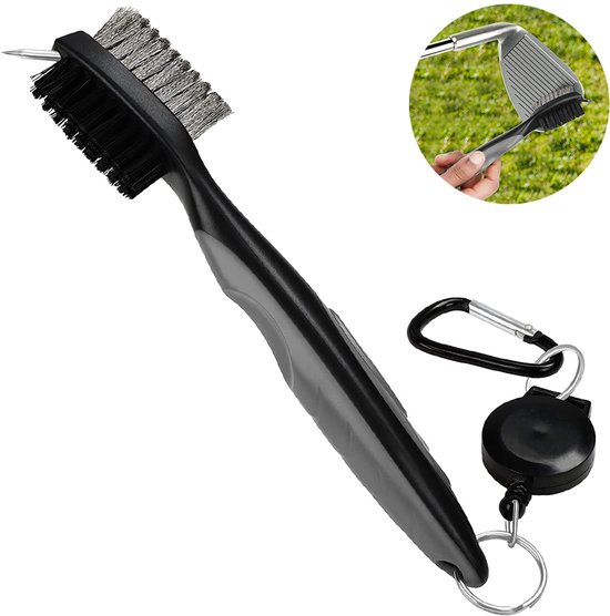 QTTVBTNA - 1 Stuk Golf Club Borstel met Groove Cleaner – 2-in-1 Reinigingsborstel met Nylon & RVS – Voor Clubface en Groeven – Met Puntreiniger & Ophangclip voor Golftas – Duurzaam en Compact - Grijs van Merkloos