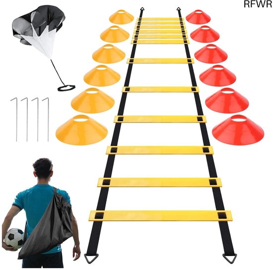RFWR® Speed Agility Training Kit voor Voetbal - 6 Meter Ladder met 12 Kegels en Parachute voor Weerstand Training van RFWR