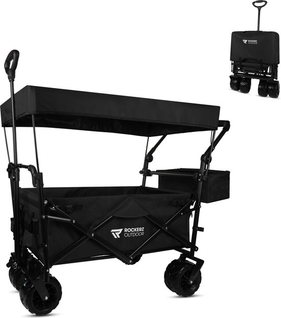Rockerz Bolderkar met dak - Bolderwagen opvouwbaar - Met duwstang - 120L - Inclusief veiligheidsriemen - Handige opbergvakken - Zwart van Rockerz