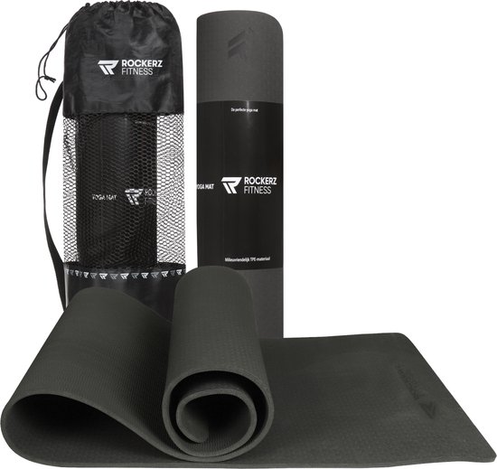 Rockerz Deluxe Yoga mat - Fitness mat - Sport mat - Yogamat anti slip & eco - Extra Dik - Duurzaam TPE materiaal - Incl Draagtas - Zwart van Rockerz