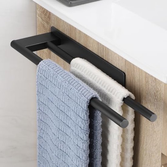 Selbro ® Handdoekhouder Zonder Boren Zwart Mat Handdoekstang, Roestvrij Staal, Badhanddoekhouder, Zelfklevende Handdoekhouder, Dubbel, 39 cm van Selbro