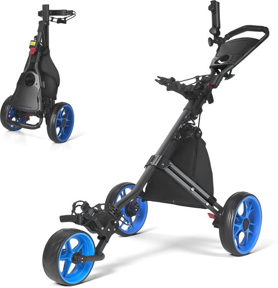 Sello! golftrolley – golftas – golfkar – opvouwbaar – stevig frame – stevige wielen – multifunctionele opbergvakken – zwart – blauw van Merkloos