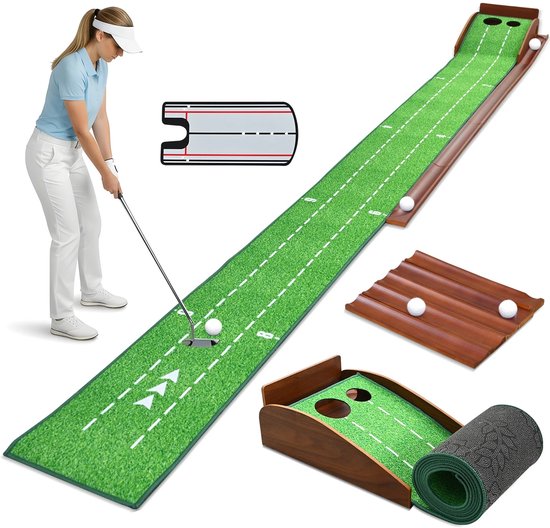 Sensova - Golf Puttingmat met Automatisch Balretoursysteem en Dubbele Gaten - Massief Houten Rails - Uitlijningshulpmiddelen - Antislip Indoor & Outdoor Putting Trainer voor Precisie Oefening