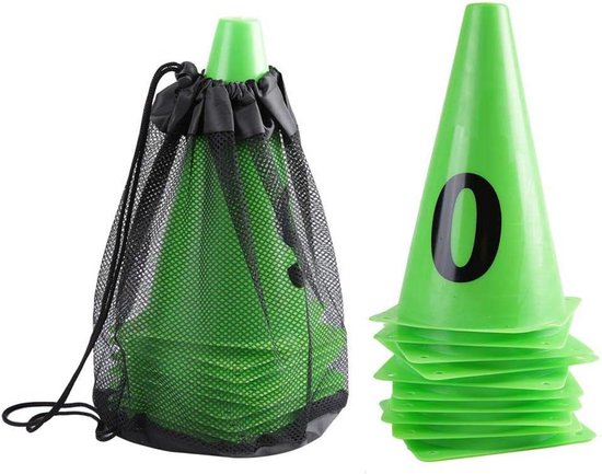 Set van 10 Oefenkegels voor Voetbaltraining met Cijfers 0-9 en Draagtas
