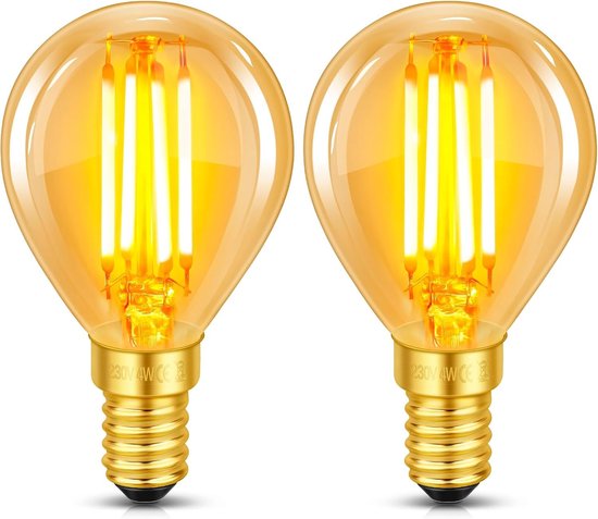 Set van 2 E14 LED Vintage Lampen, 4W Filament Vervangt 40W Gloeilamp, Warm Wit 2200K, Amber Glas, 400 LM, Golfbal P45/G45, Niet Dimbaar, Nostalgische Verlichting voor Thuis, Café en Bar