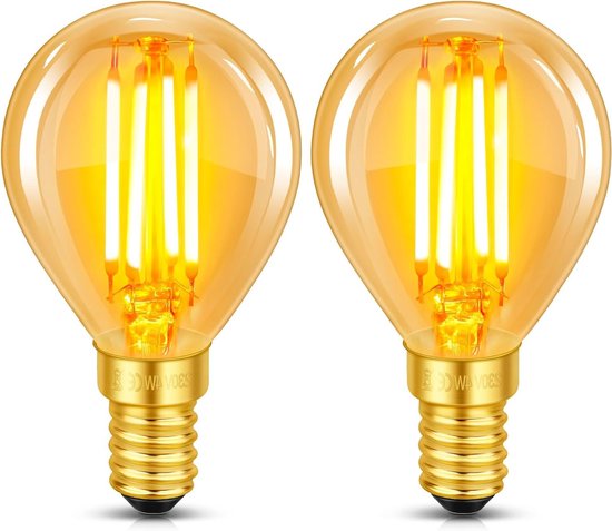 Set van 2 E14 LED Vintage Lampen, 4W Filamentverlichting, Vervangt 40W Gloeilamp, Warm Wit 2200K, Amber Glas, 400LM, Golfbal P45/G45, Niet Dimbaar, Nostalgische Decoratie voor Thuis, Café en Bar