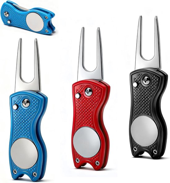 Set van 3 Duurzame Golf Pitchforks - Opvouwbare RVS Reparatietools voor Golfbaan, Divot en Ball Marker Accessoires in Diverse Kleuren