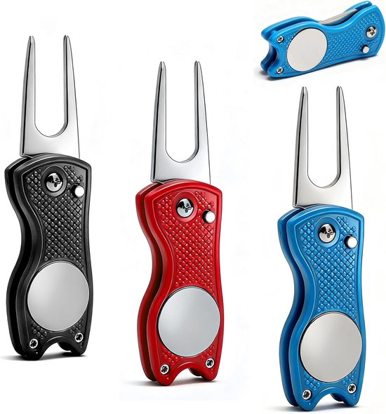 Set van 3 Vouwbare Golf Pitchforks - Duurzaam RVS Accessoire voor Golfbaan, Divot Reparatie en Ball Marker in Diverse Kleuren