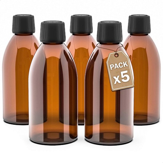 Set van 5 apothekersflessen, 250 ml. Bruingglazen flessen met schroefdop. Navulbare flessen. Dosering en opslag van vloeibare stoffen van Navaris