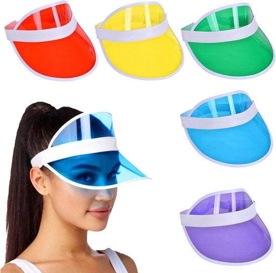 Set van 5 Transparante Retro Neon Zonnevisors voor Sporten zoals Golf en Tennis, Kleurrijke Bescherming tegen de Zon voor Fietsen en Wandelen