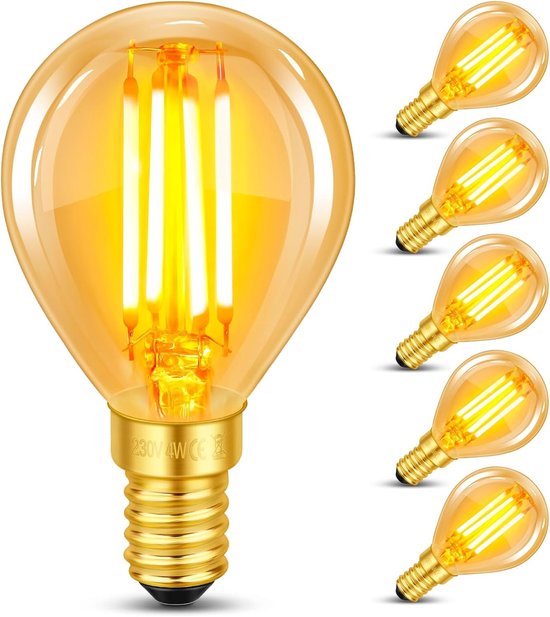 Set van 6 E14 LED Vintage Lampen, 4W Filament Vervangt 40W Gloeilamp, Warm Wit 2200K, Amber Glas, 400 Lumen, Golfbal P45/G45, Niet Dimbaar, Nostalgische Decoratie voor Huis, Café en Bar