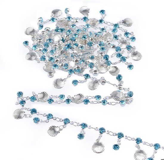 Shell Strass franje trim, schelp kwastje ketting met blauwe strass opknoping kralen franje lint voor naaien bikini strand kostuum doe-het-zelf ambachten