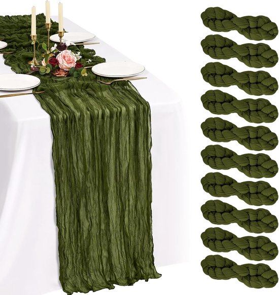 Showgeous 10 pack olijfgroen kaasdoek tafelloper 10FT Boho gaas kaasdoek tafellopers 35 x 120 inch romantische rustieke transparante tafeldecoratie voor bruiloftsfeest verjaardag vakantie thuis
