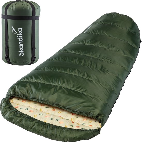 Skandika Vegas-L XXL Slaapzak – Mummieslaapzakken - Slaapzakken volwassen – Maat XXL – Mummie slaapzak - Unisex - Katoen, luxe kwaliteit, koppelbaar, 3 seizoenen, 220 x 110 cm, -12° tot -15°C, Outdoor kampeerslaapzak – Ritssluiting links - groen van Skandika