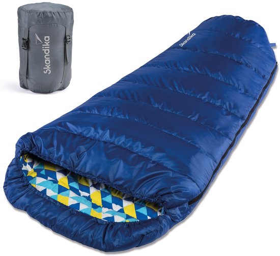 Skandika Vegas XXL Flannel-L Slaapzak – Mummieslaapzakken – Slaapzakken volwassen – Maat XXL – Unisex - Katoen, luxe kwaliteit, koppelbaar, 3 seizoenen, 220 x 110 cm, -12° tot -15°C, Outdoor kampeerslaapzak – Ritssluiting links - blauw van Merkloos
